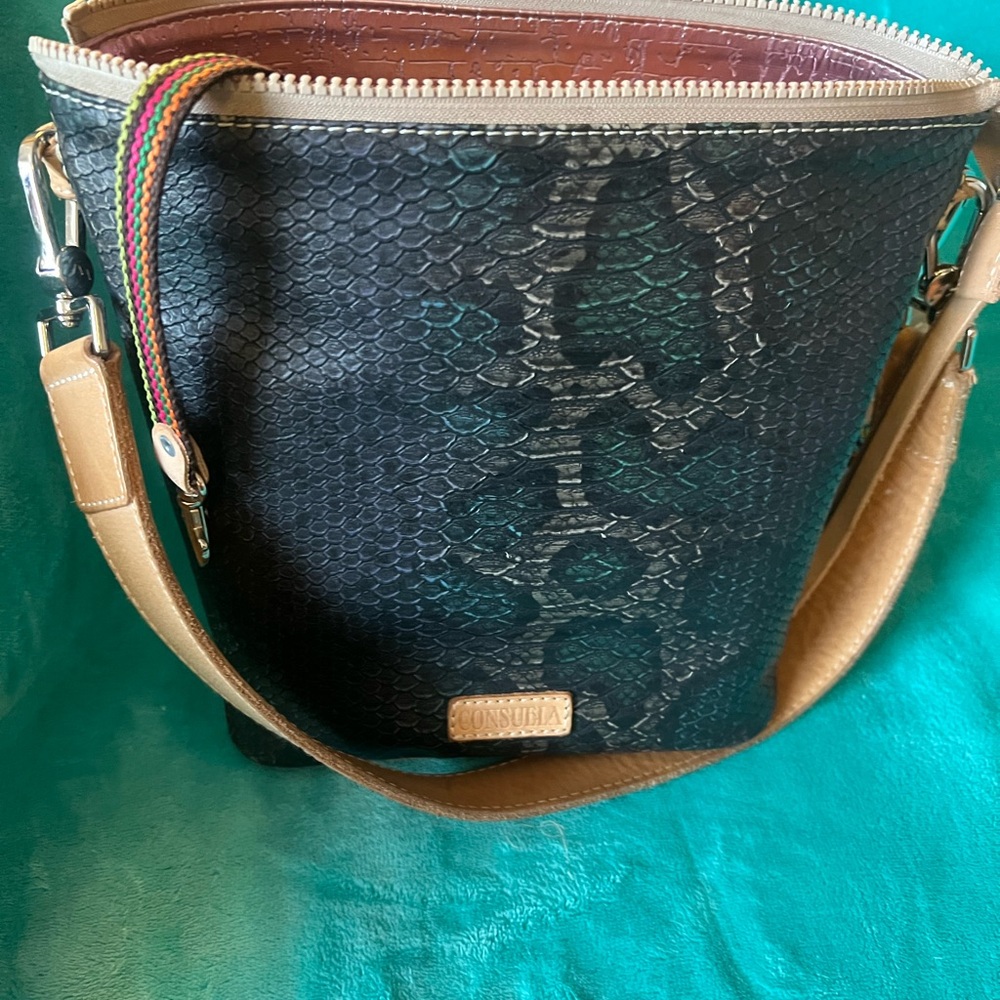 Consuela Rattler, Black and Tan Shoulder Bag with Snakeskin Pattern_Used